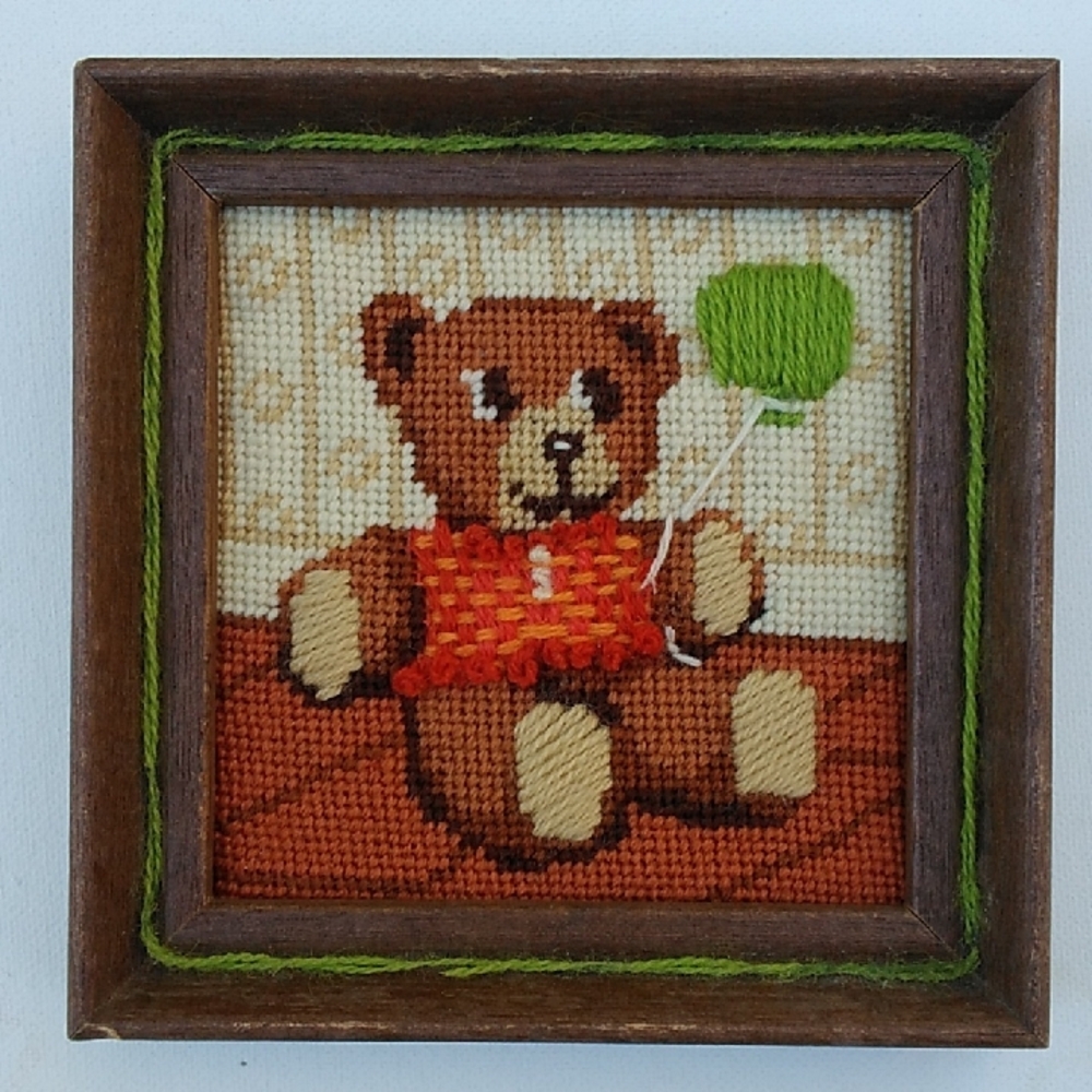 Cute Vintage Framed  Teddy Bear Needlepoint Picture